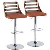 Trevi Adjustable Swivel Bar Stool in Chrome, Walnut Wood & Orange Fabric (Set of 2)